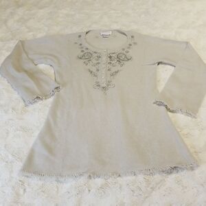 Cashmere Couture Gray Embroidered Embellished Sweater Size Small Fall Winter